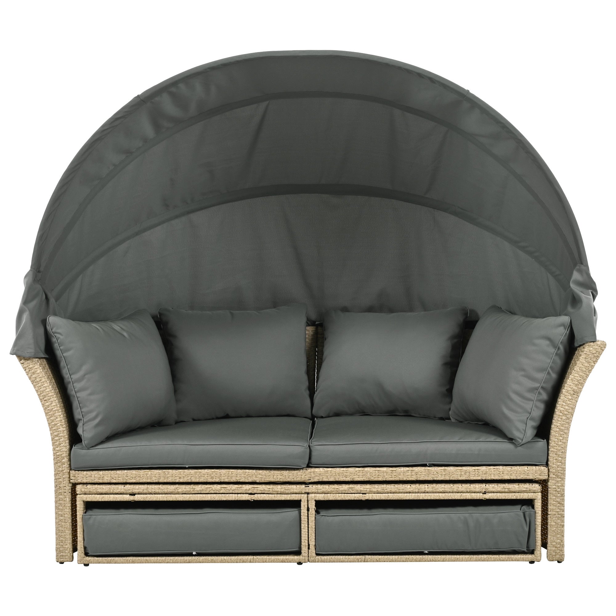 Outdoor Patio Daybed Wicker Rattan Double Daybed with Retractable Canopy, Grey, Polyester Upholstery, 71.7 x 63.4 x 62.2 inches