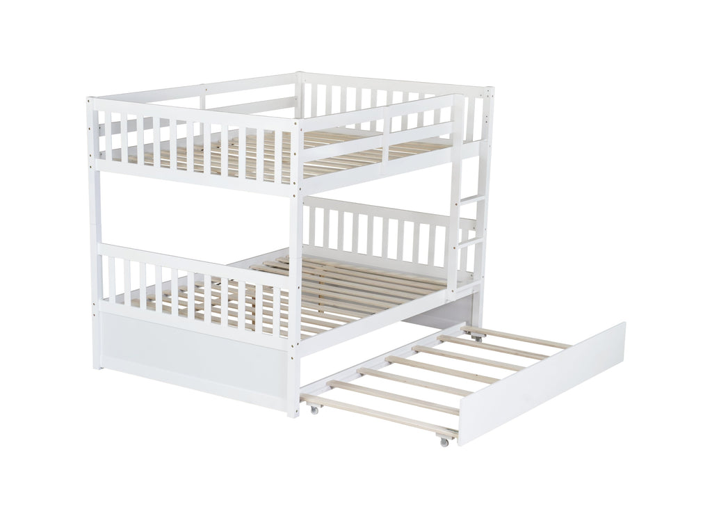 Full Over Full Rubber Wood Bunk Bed with Trundle, Ladder and Guardrails, Convertible to 2 Full Size Beds, with Twin Size Trundle,White