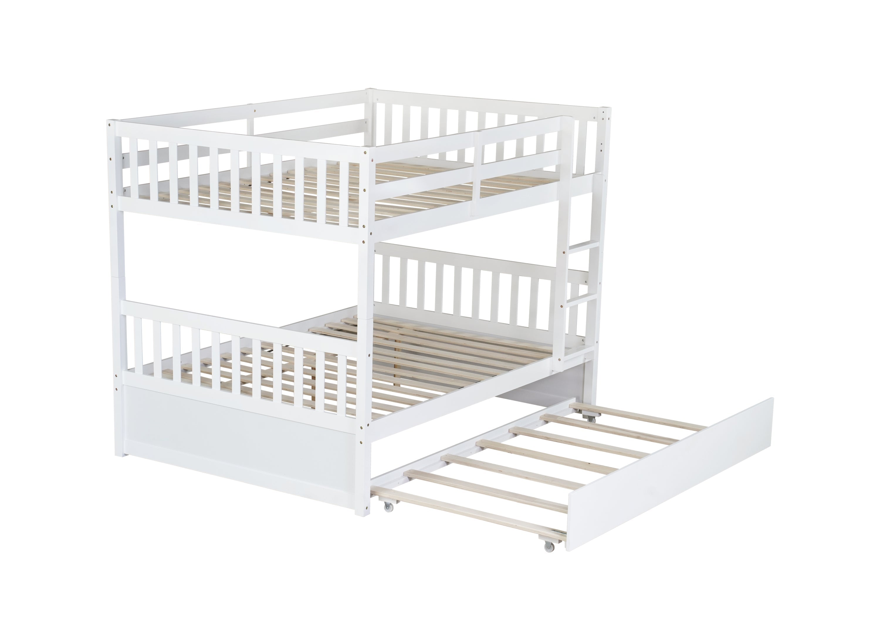 Full Over Full Rubber Wood Bunk Bed with Trundle, Ladder and Guardrails, Convertible to 2 Full Size Beds, with Twin Size Trundle,White