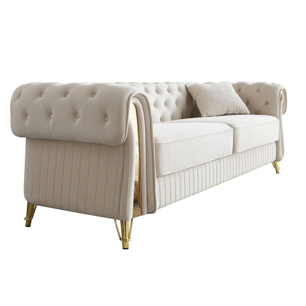89''W Chesterfield Modern Tufted Velvet Living Room Sofa with Two Seat Cushions and Two Toss Pillows,Beige
