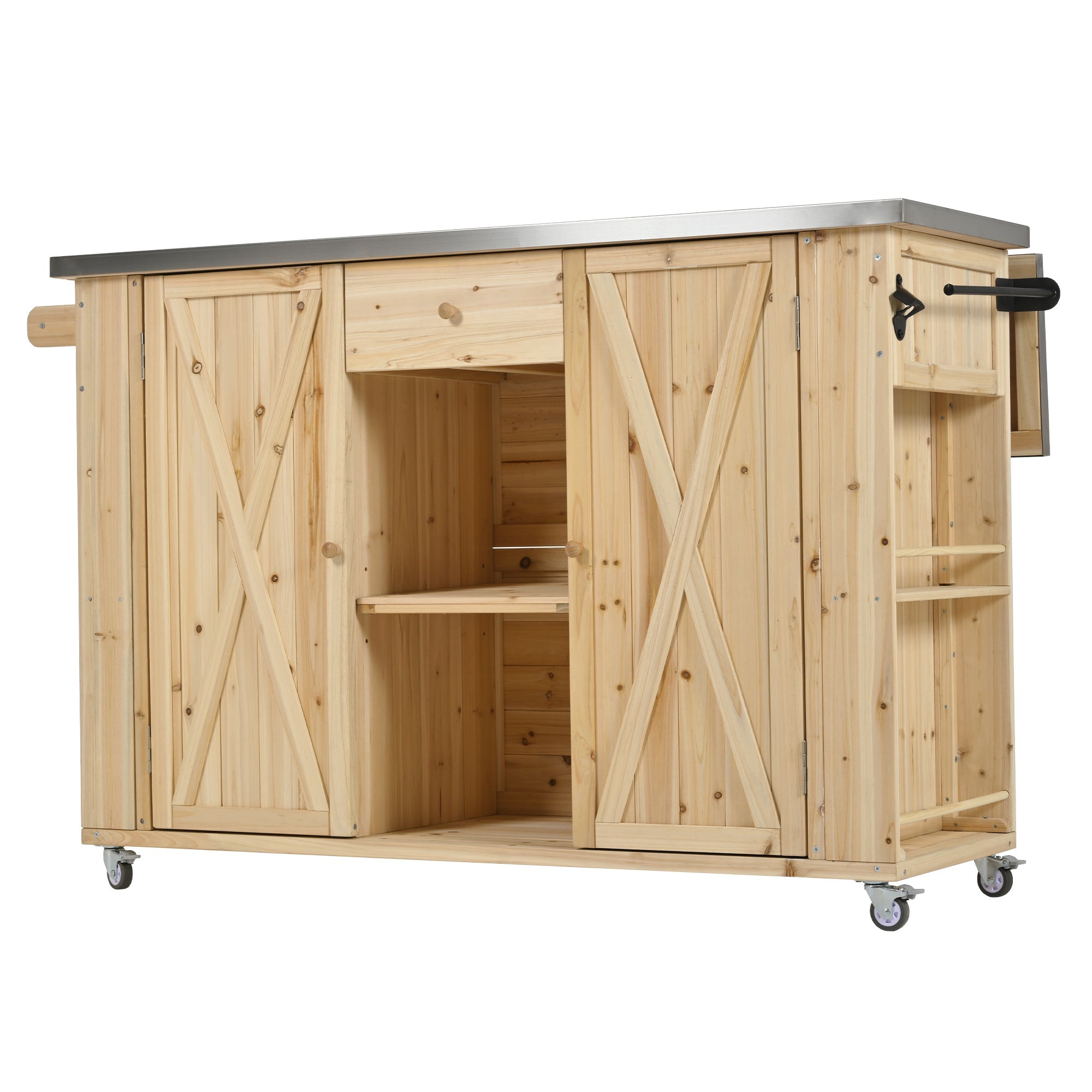 Outdoor Kitchen Island Fir Wood Kitchen Island with Stainless Steel Top, Ample Storage Space, Towel and Spice Racks, Bottle Opener, Natural