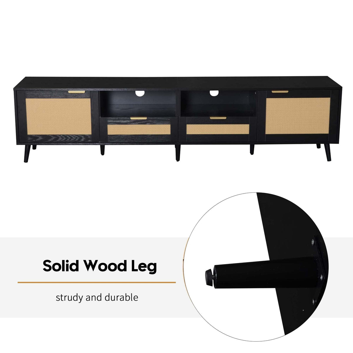 Rattan TV Stand for TVs up to 85'', Modern Farmhouse Media Console, Entertainment Center with Solid Wood Legs, TV Cabinet for Living Room,Home Theatre