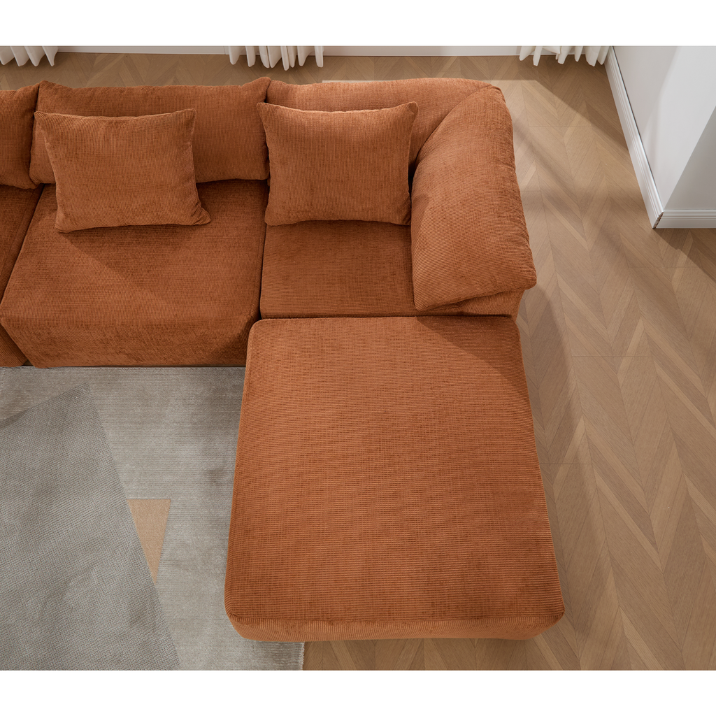 142' L Shaped Modular Sectional Sofa,No Assembly,5 Piece Couch, Convertible Sleeper Couch,Full-Compressed Couch,Free-Combined Couches,5 Seat & Ottoman,Chenille,Orange