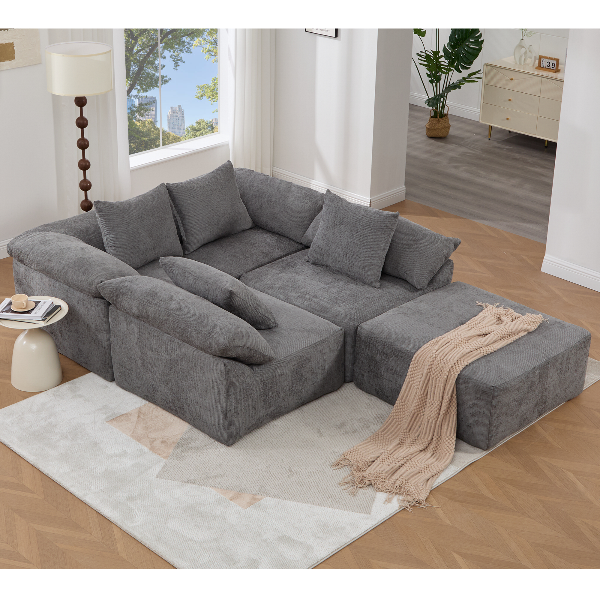 142' L Shaped Modular Sectional Sofa,No Assembly,5 Piece Couch, Convertible Sleeper Couch,Full-Compressed Couch,Free-Combined Couches,5 Seat & Ottoman,Chenille,Gray