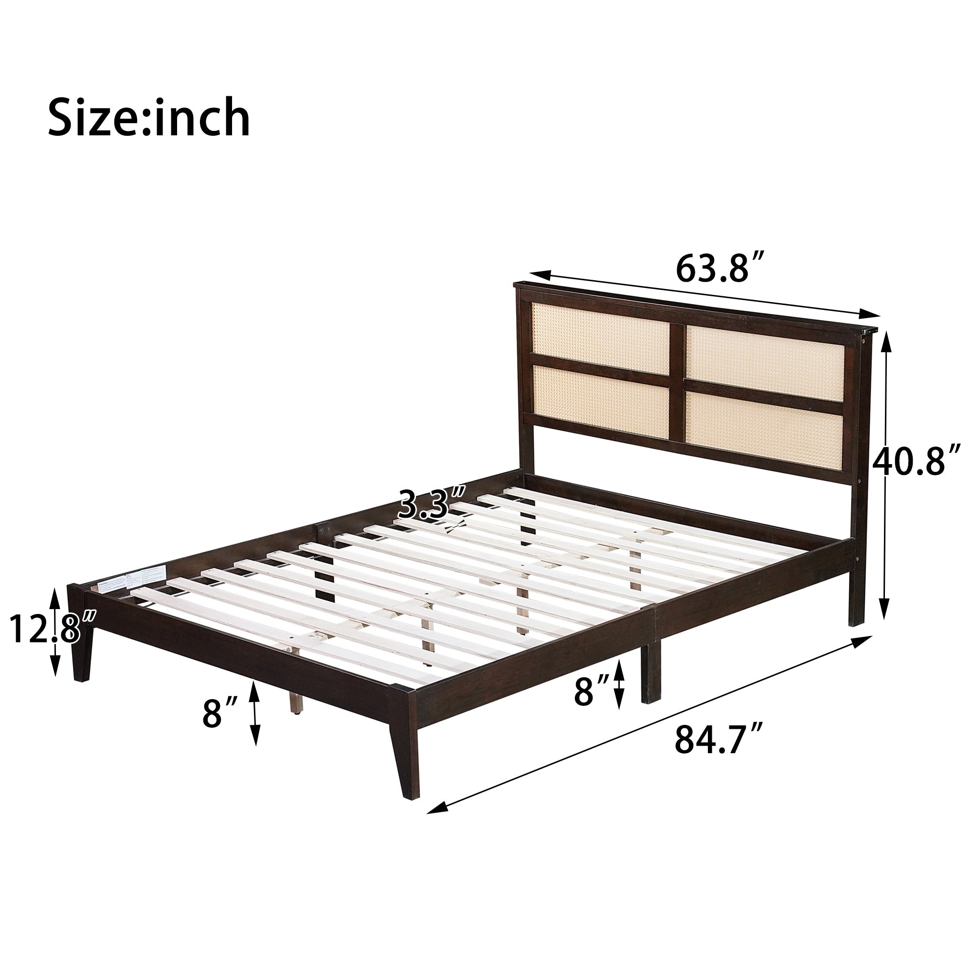 Queen Size Rubber Wooden, Solid Wooden Bed with Rattan Headboard, Enhanced by Support Feet,Espresso