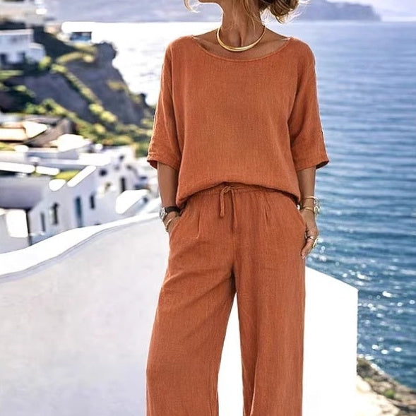 Women's Cotton Linen Resort Set – Short Sleeve Top & Wide-Leg Pants
