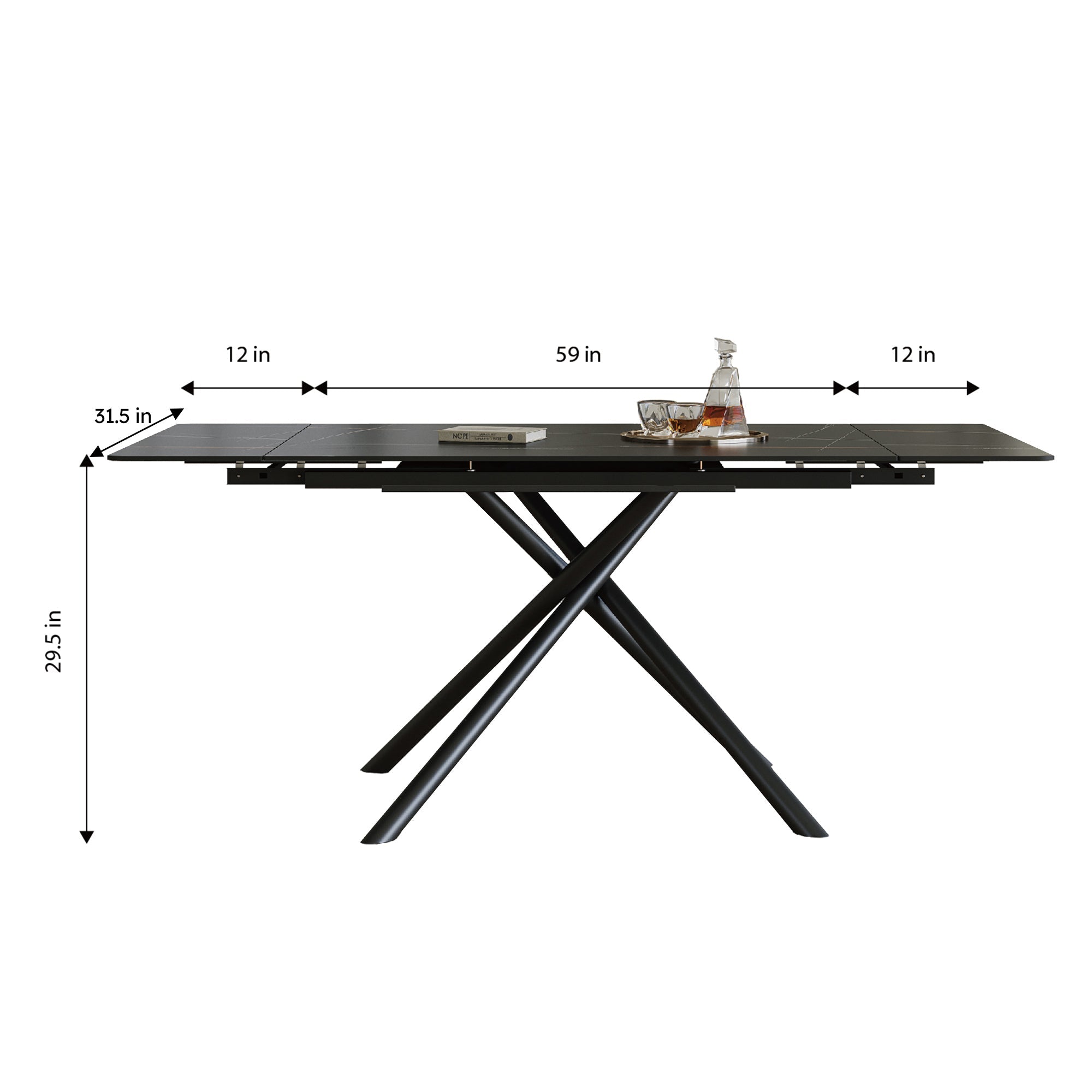 Modern Retractable Sintered Stone Dining Table with Black Carbon Steel Legs, 83 Inches for 6-8 Seats