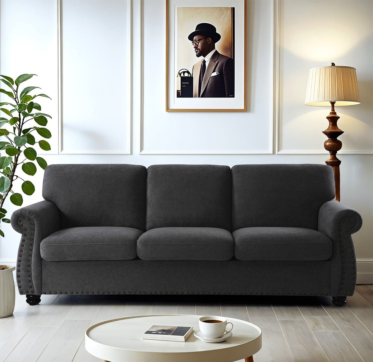 Soft Velvet Sofa, Upholstered 3 Seater Couch with High-Density Foam, Loose Back Cushions and Solid Wood Turned Legs, Chic Living Room Furniture for Home, Apartment and Office, Black