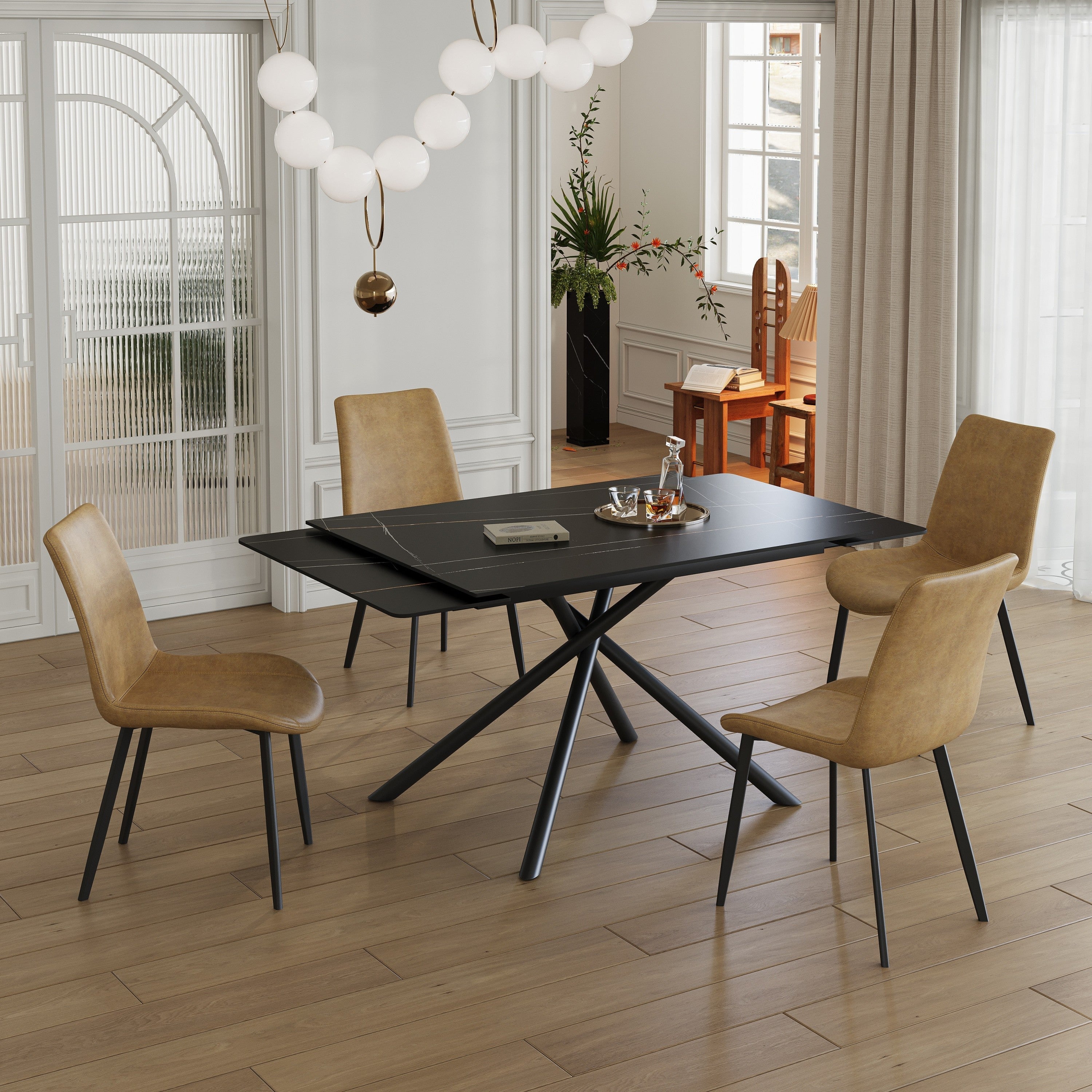 Modern Retractable Sintered Stone Dining Table with Black Carbon Steel Legs, 83 Inches for 6-8 Seats