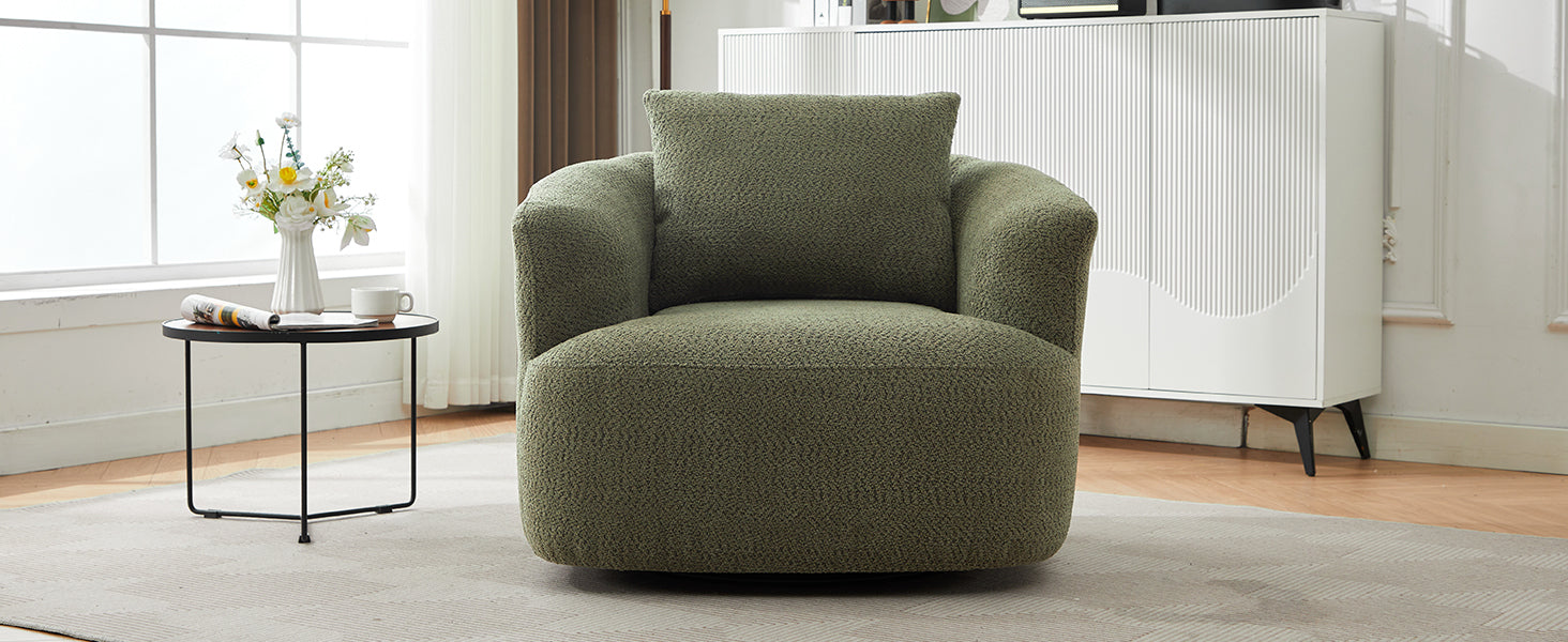 360° Swivel Chair, Chenille Upholstered Barrel Sofa Chair with Throw Pillow, Green, 38.2' for Living Room, Bedroom, Office