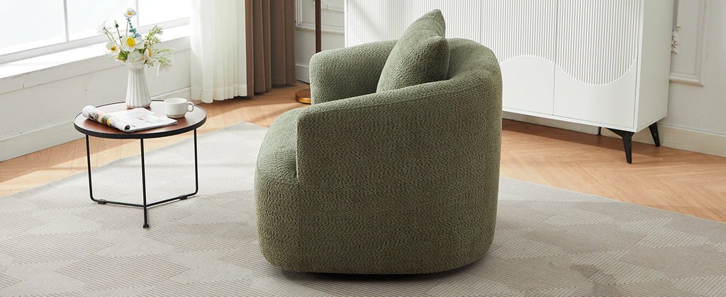 360° Swivel Chair, Chenille Upholstered Barrel Sofa Chair with Throw Pillow, Green, 38.2' for Living Room, Bedroom, Office