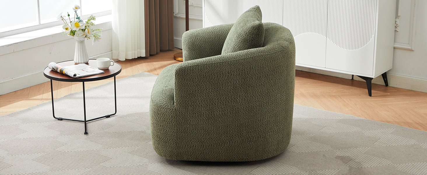 360° Swivel Chair, Chenille Upholstered Barrel Sofa Chair with Throw Pillow, Green, 38.2' for Living Room, Bedroom, Office