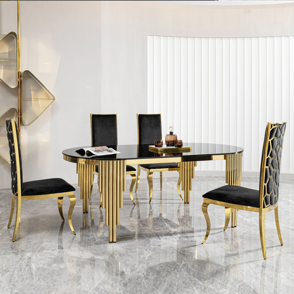 70.08 in. Oval Dining Table with Black Glass Top and Gold Stainless Steel Base, for 6 Seats