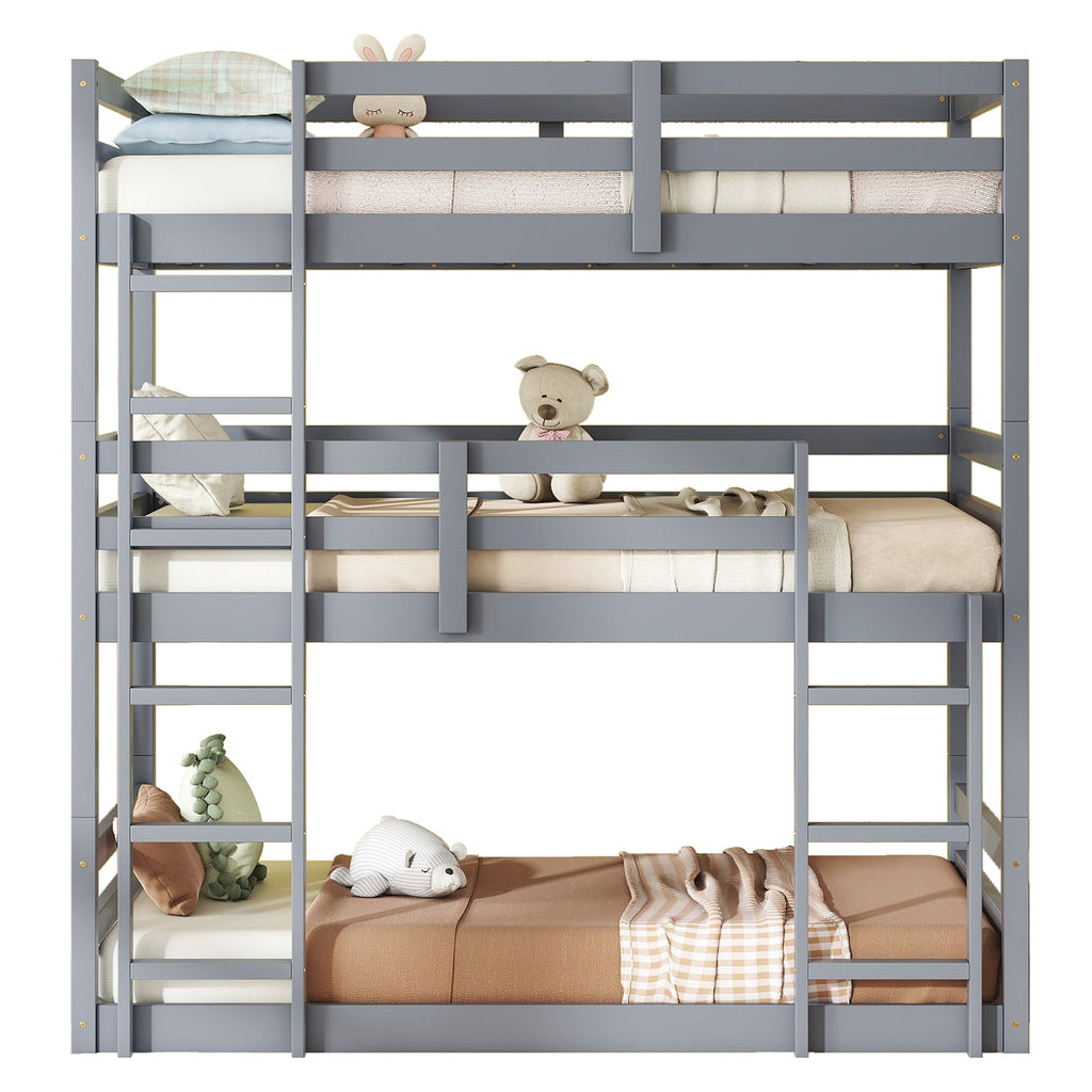 Triple Rubber Wood Bunk Bed with Two Built-in Ladders, Guardrails, Twin over Twin over Twin, Detachable Triple Twin Bunk Bed,Grey