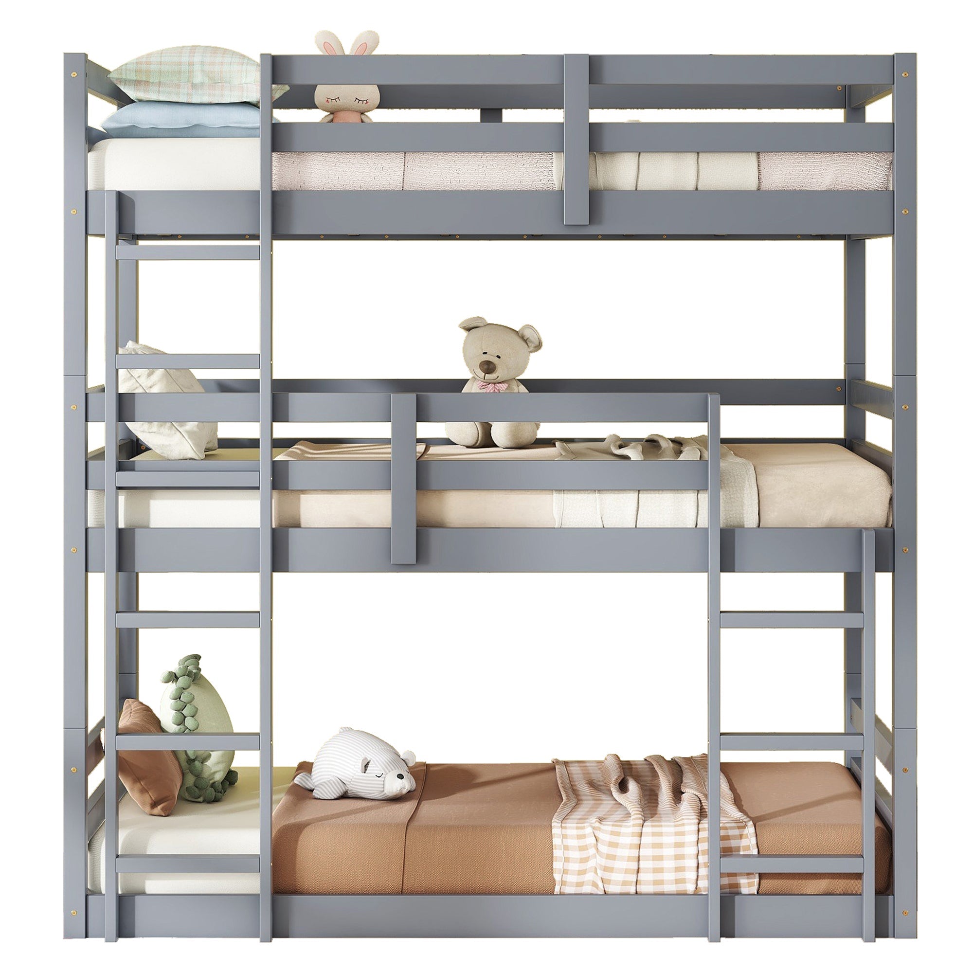 Triple Rubber Wood Bunk Bed with Two Built-in Ladders, Guardrails, Twin over Twin over Twin, Detachable Triple Twin Bunk Bed,Grey