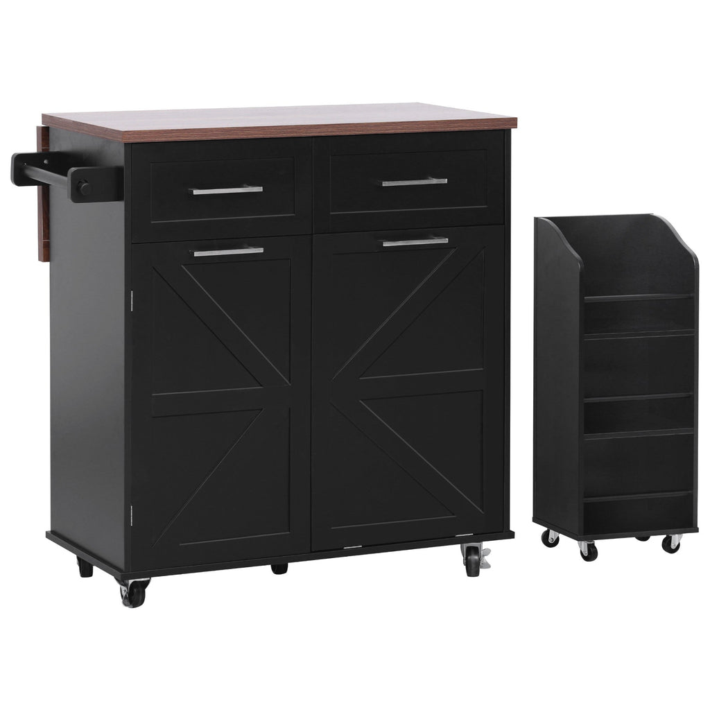 K&K 47.2' Farmhouse Kitchen Island with Drop Leaf, Kitchen Storage Island with Removable Side Racks, Two Drawers, Rolling Kitchen Cart on Wheels with Towel Rack, for Home, Kitchen, Dining Room, Black