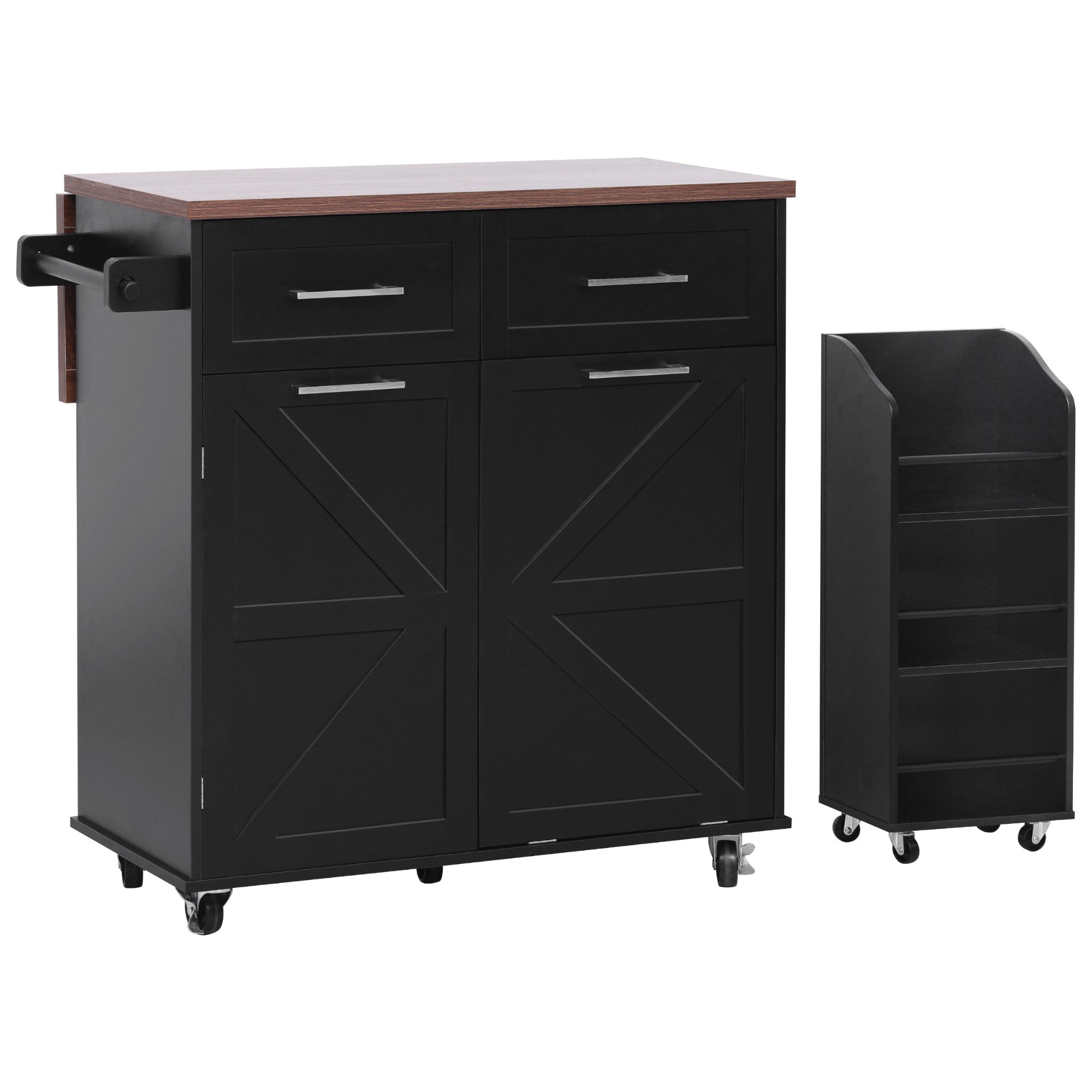K&K 47.2' Farmhouse Kitchen Island with Drop Leaf, Kitchen Storage Island with Removable Side Racks, Two Drawers, Rolling Kitchen Cart on Wheels with Towel Rack, for Home, Kitchen, Dining Room, Black