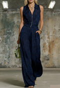 Floral Print Zip-Up Sleeveless Jumpsuit – Women's Wide Leg Romper