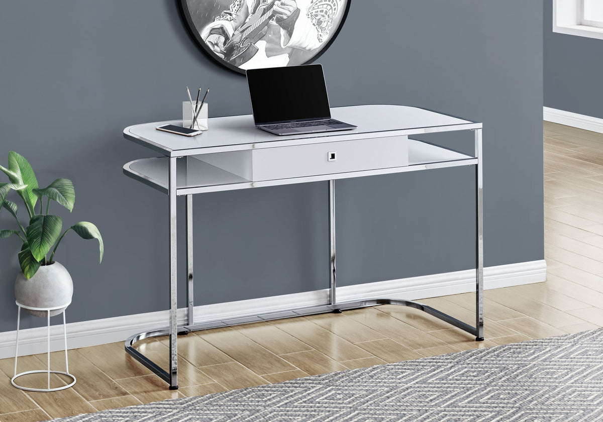 Computer Desk, Home Office, Laptop, Storage Drawers, 48'l, Work, White Laminate, Chrome Metal, Contemporary, Modern