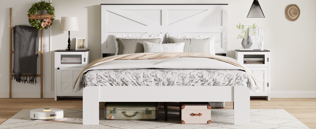 King Bed Frame Headboard , Wood Platform Bed Frame , Noise Free,No Box Spring Needed and Easy Assembly Tool,Large Under Bed Storage,White