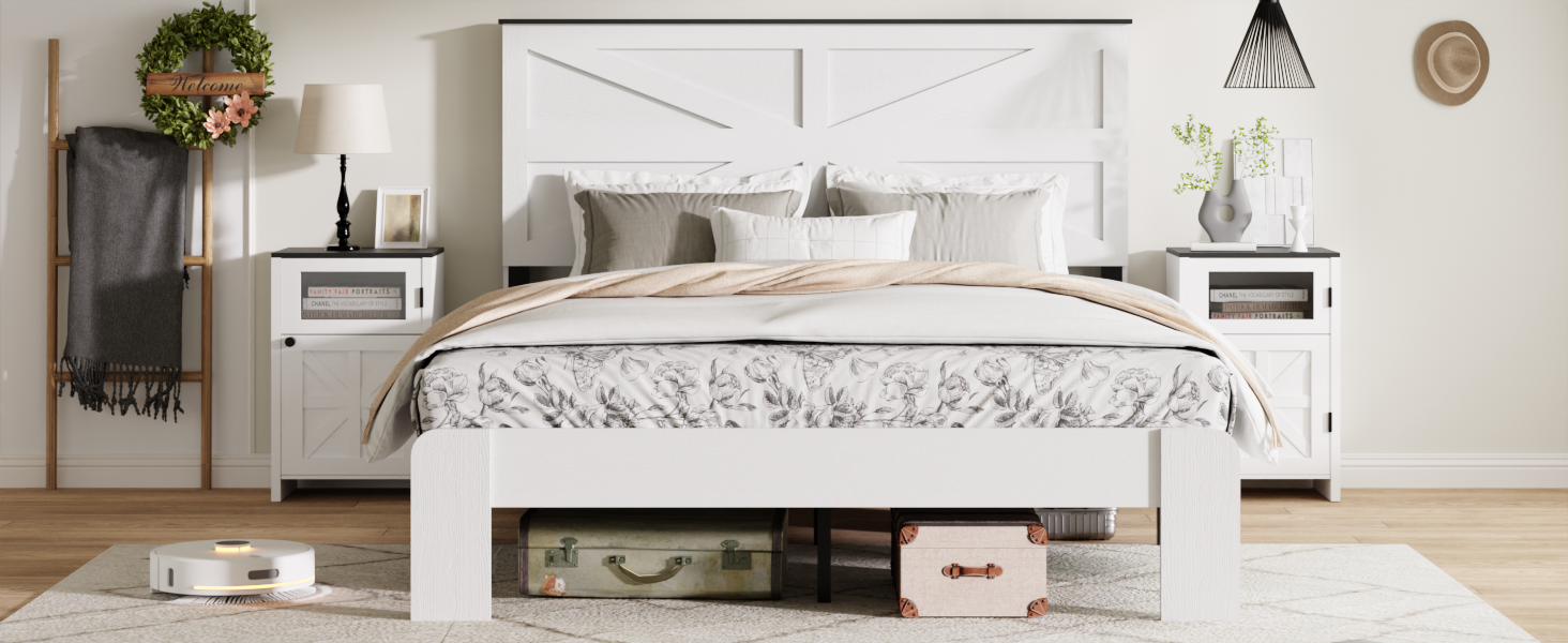 King Bed Frame Headboard , Wood Platform Bed Frame , Noise Free,No Box Spring Needed and Easy Assembly Tool,Large Under Bed Storage,White