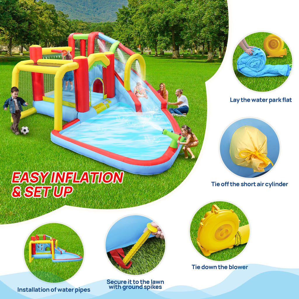 7 in1 Inflatable slide water park bouncing house outdoor Soccer garden bouncer with Splash pool  & Water gun & Climbing wall & Basketball & Football