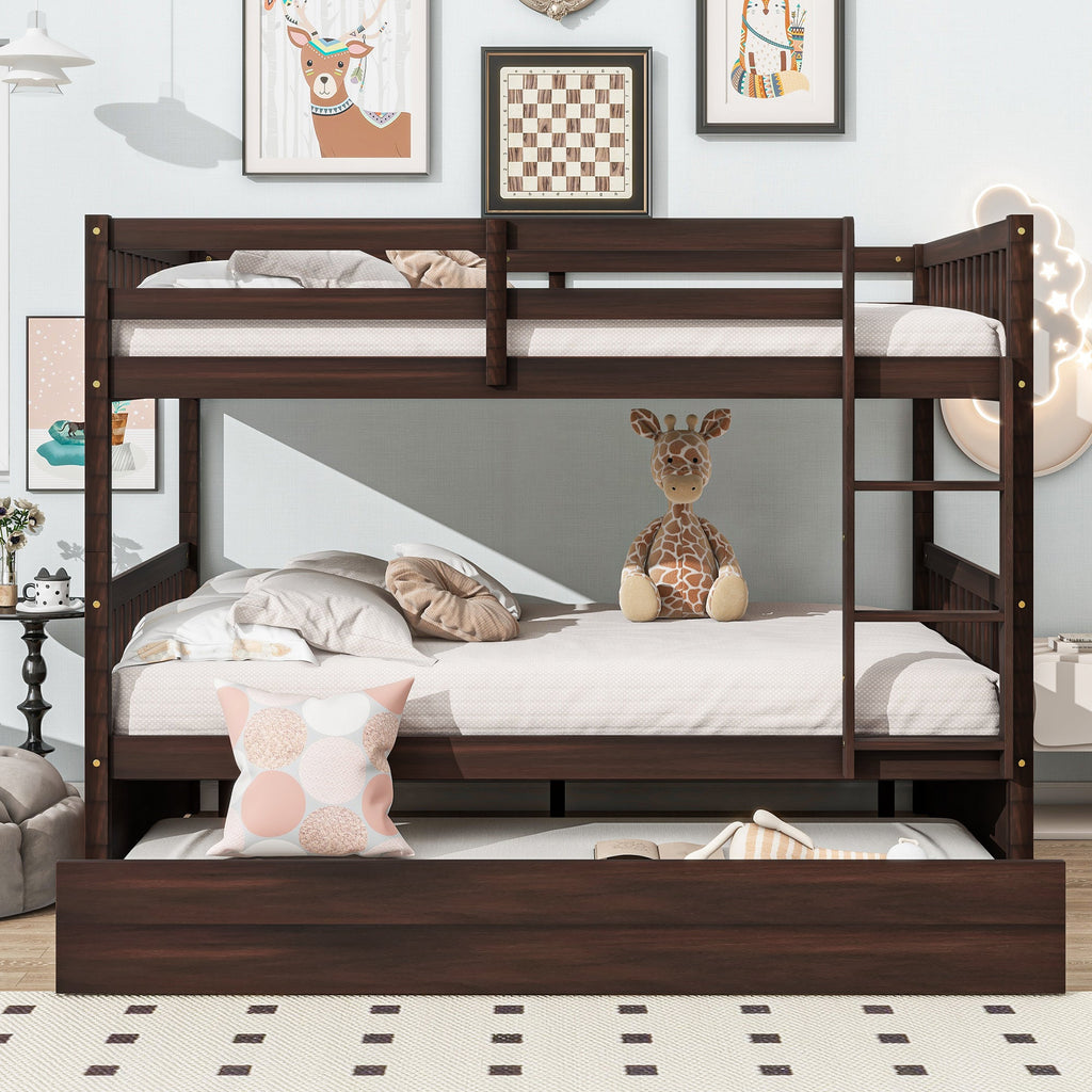 Full Over Full Rubber Wood Bunk Bed with Trundle, Ladder and Guardrails, Convertible to 2 Full Size Beds, with Twin Size Trundle ,Espresso