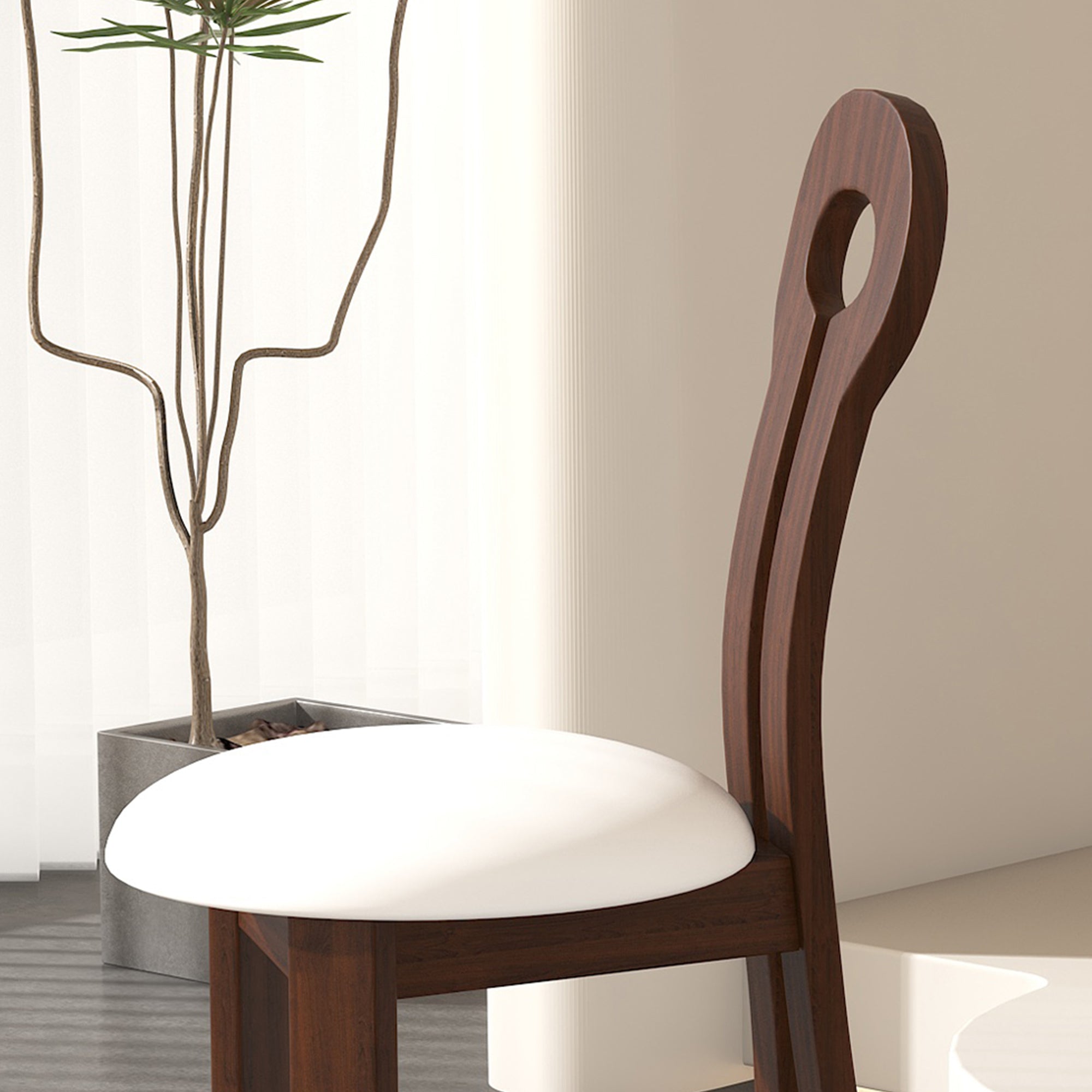 Dining Chairs Set of 2, Key-design Home Chairs, PU Leather Solid Wooden Dining Chairs with White Round Cushion for Kitchen Dining Room-Deep Walnut Brown