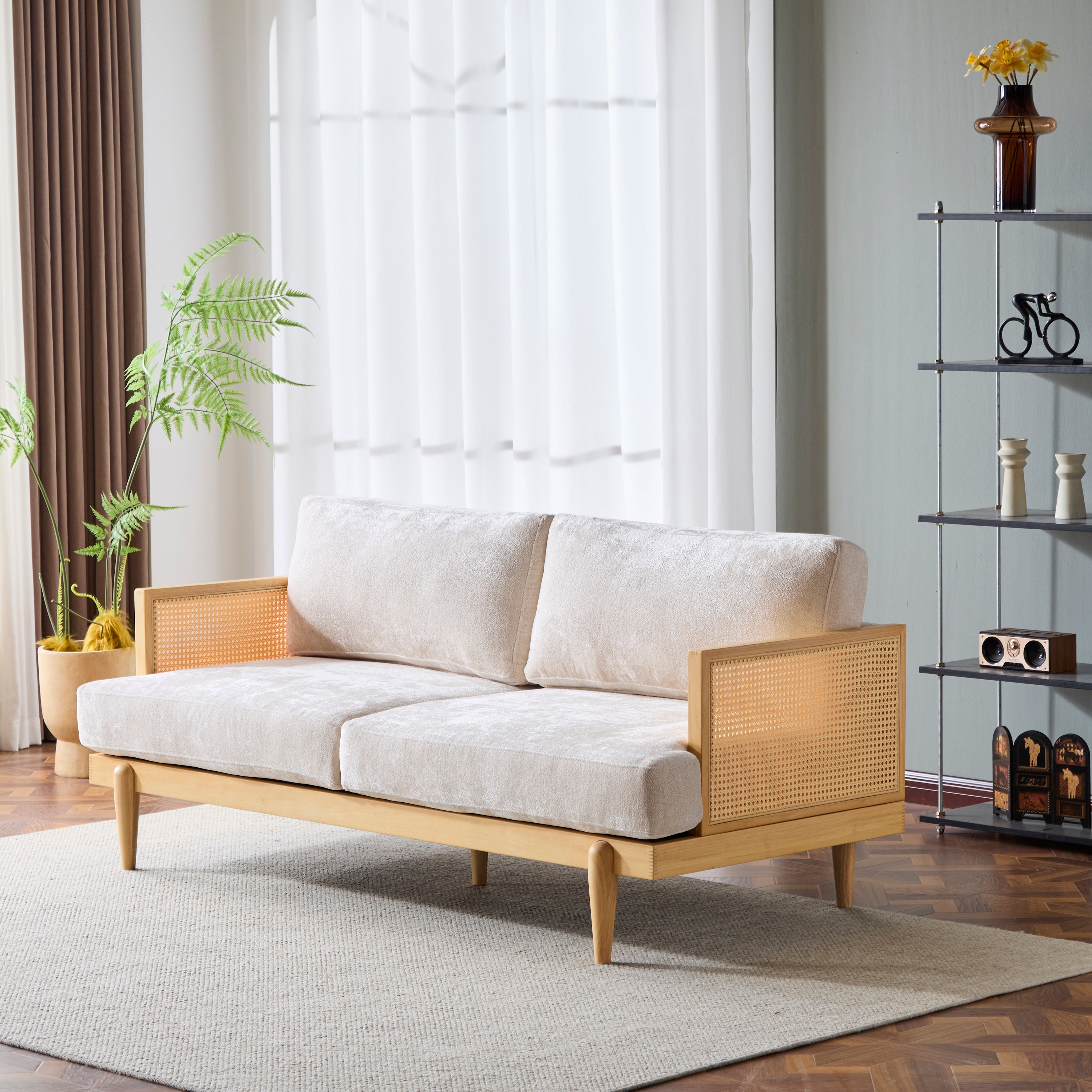 EMIR 72' Square Arm 3-Seater Sofa with Cane Rattan and Wooden Frame,Natural,,Living Rooms,Bedrooms,Apartment Office