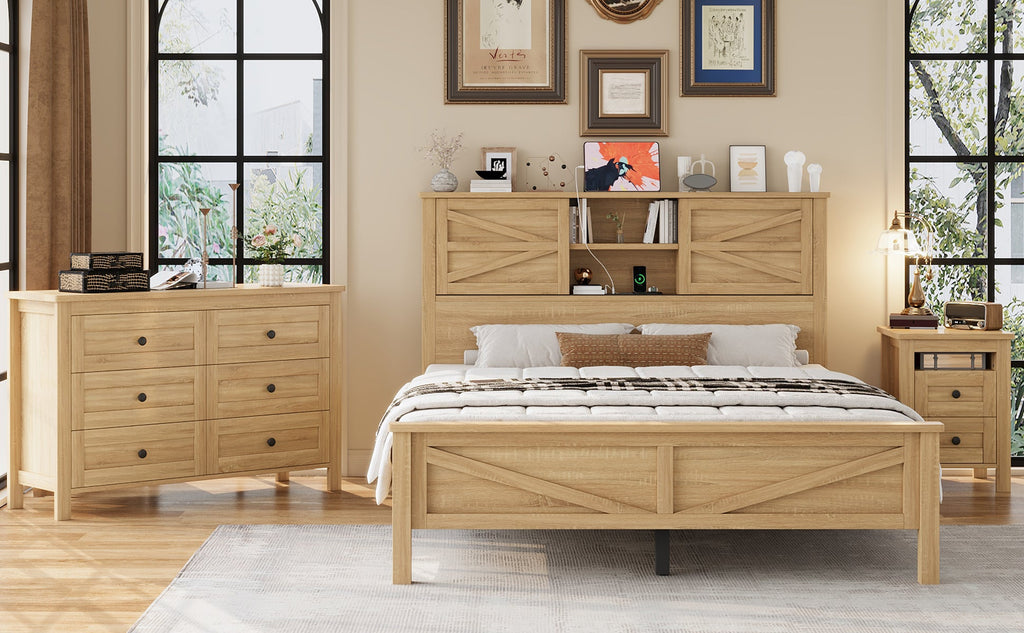 3-Pieces Bedroom Sets Queen Size Farmhouse Platform Bed with Double Sliding Door Storage Headboard and Charging Station, Storage Nightstand and Dresser, Natural