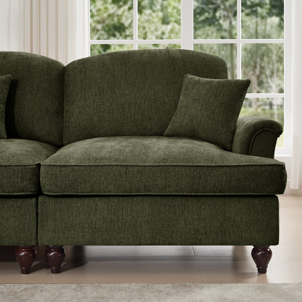 Mid Century Three Seater Modular L Shaped Sectional Couch with Flared Arms and Removable Ruffles Pleats Skirts and Spindle Legs, Comfy Chenille 3-Seat Deep Seat Sofa with Movable Ottoman,Green