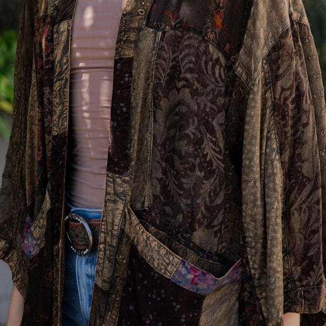 Young Threads Kimono Top in Overdyed Mix N Match Patches