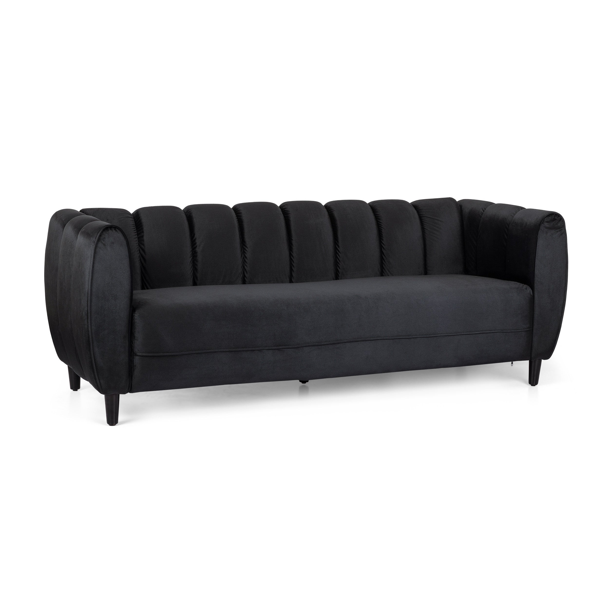 Miranda Modern Glam Velvet 3-Seater Sofa in Black with Birch Wood Legs