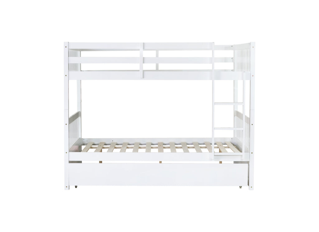 Full Over Full Rubber Wood Bunk Bed with Trundle, Ladder and Guardrails, Convertible to 2 Full Size Beds, with Twin Size Trundle,White