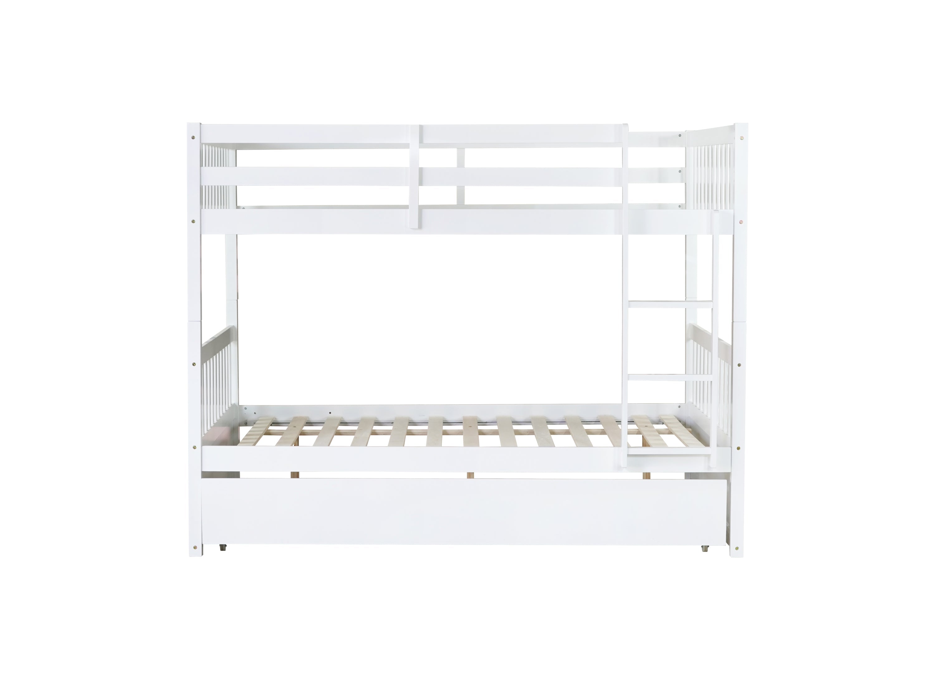 Full Over Full Rubber Wood Bunk Bed with Trundle, Ladder and Guardrails, Convertible to 2 Full Size Beds, with Twin Size Trundle,White