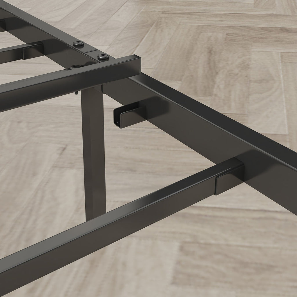 Queen Size Bed Frame with Charging Station, Upholstered Headboard, Metal Platform, Grey