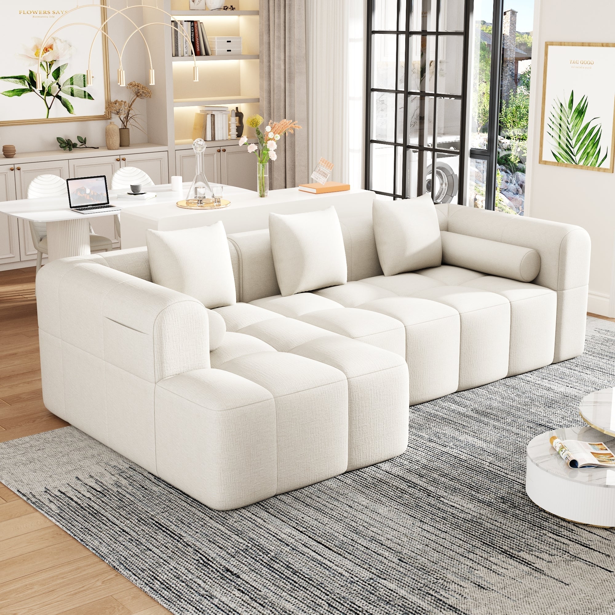 Modern Beige Modular Sectional Sofa with Deep Seating and Side Pockets, Chenille Upholstery, 101.2'