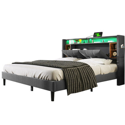 LuneluX_Home – Solid Wood Storage Bed with USB Charging Ports & LED