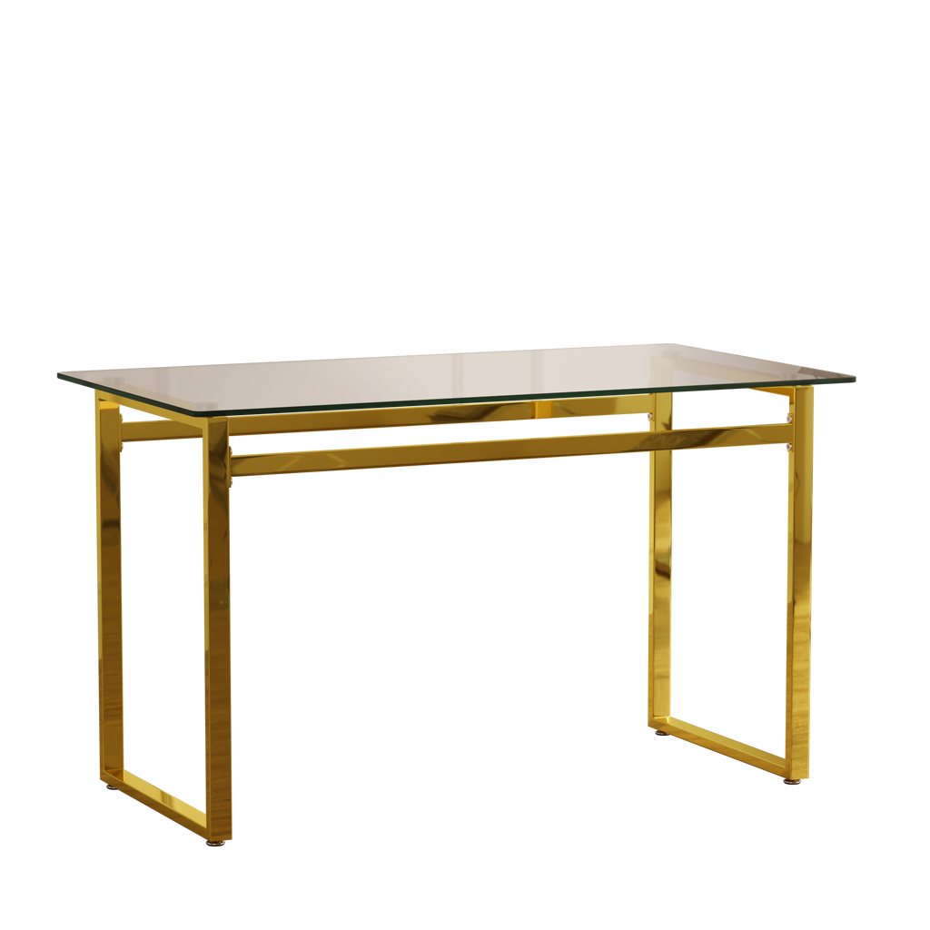 Modern Minimalist Rectangular Glass Dining Table with Tempered Glass Tabletop and Golden Chrome Metal Legs for 4-6