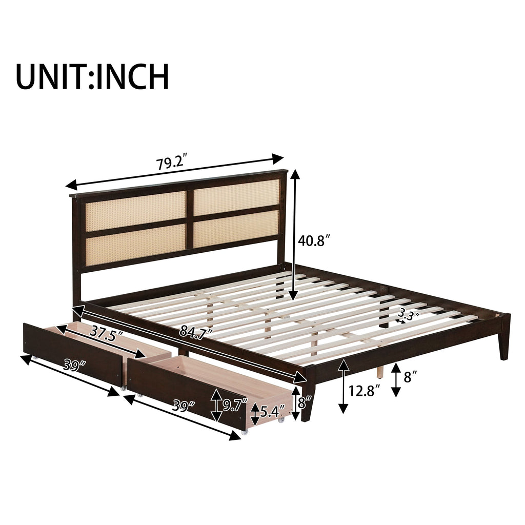 King Size Bed with Rattan Headboard, Two Storage Drawers, Rubber Wood Bed with Enhanced  Support Salts and Feet,Espresso