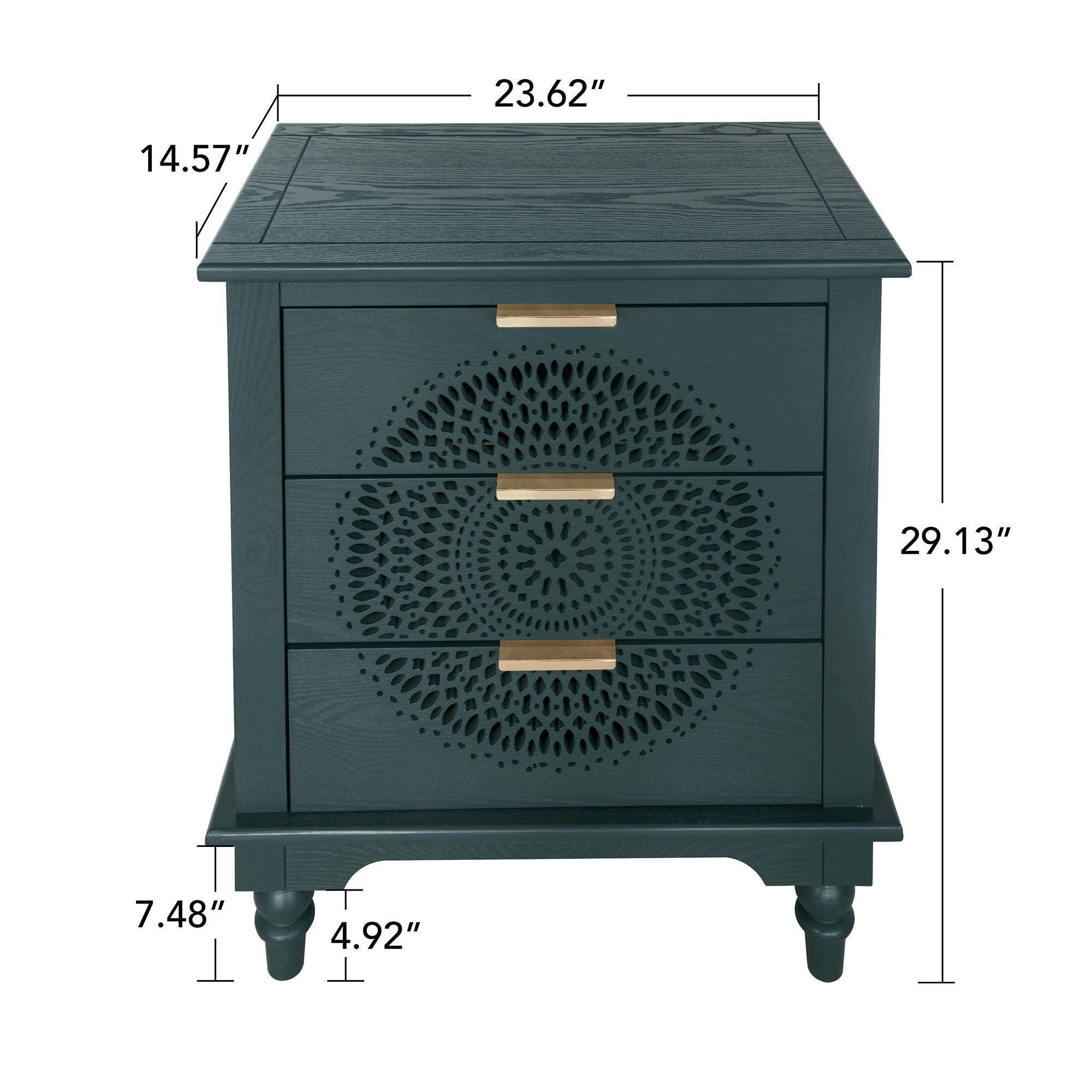 Blackish Green Hollow-Carved 3-Drawer Dresser with Metal Handles, MDF Storage Chest for Living Room or Bedroom