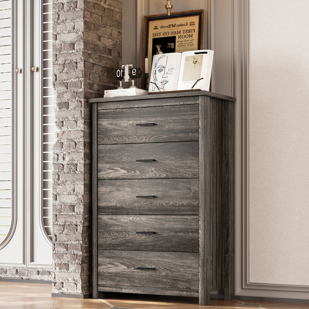 4PCS Bedroom Sets, Wooden Queen Size Bed Frame with Storage Headboard and Charging Station, 2 Nightstands with 2 Drawers, 1 Dresser with 5 Drawers, Antique Gray