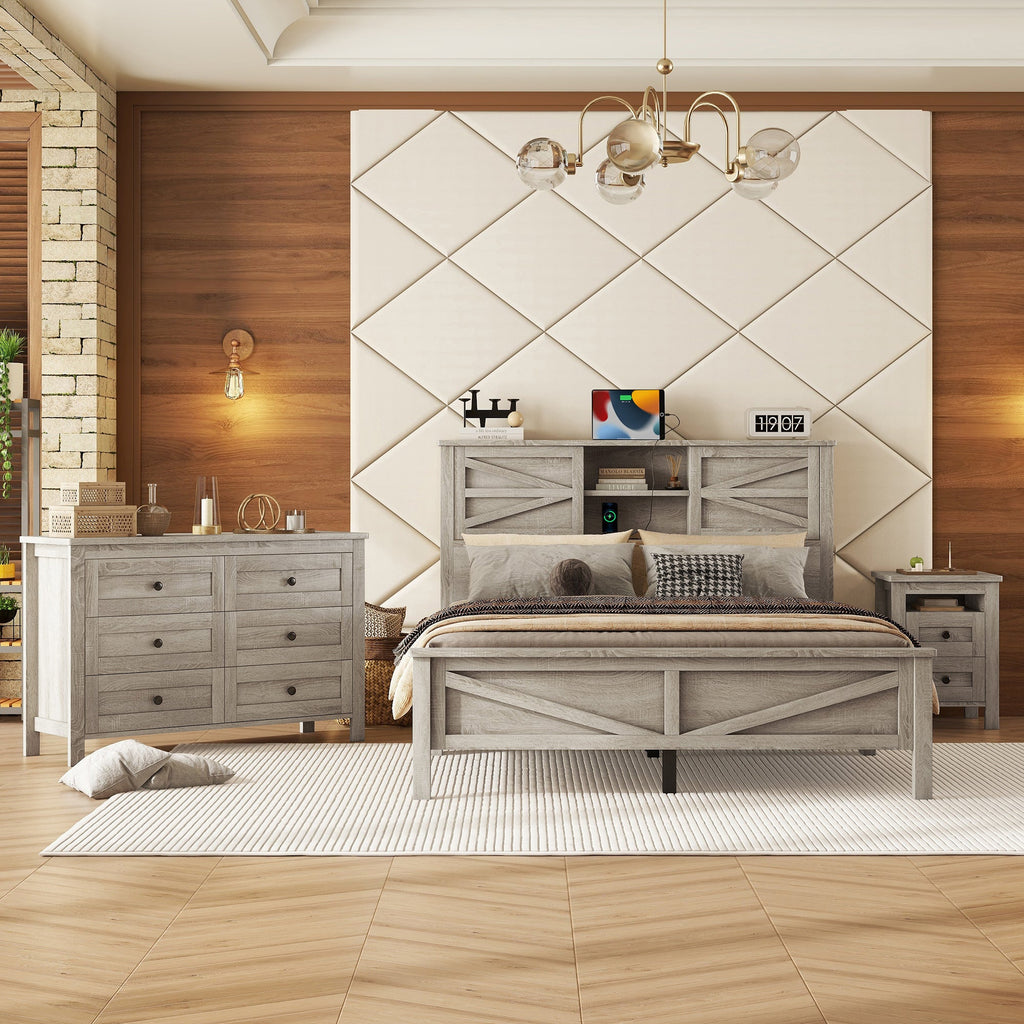 3-Pieces Bedroom Sets Queen Size Farmhouse Platform Bed with Double Sliding Door Storage Headboard and Charging Station, Storage Nightstand and Dresser, Antique Gray(Old SKU HL000092AAG)