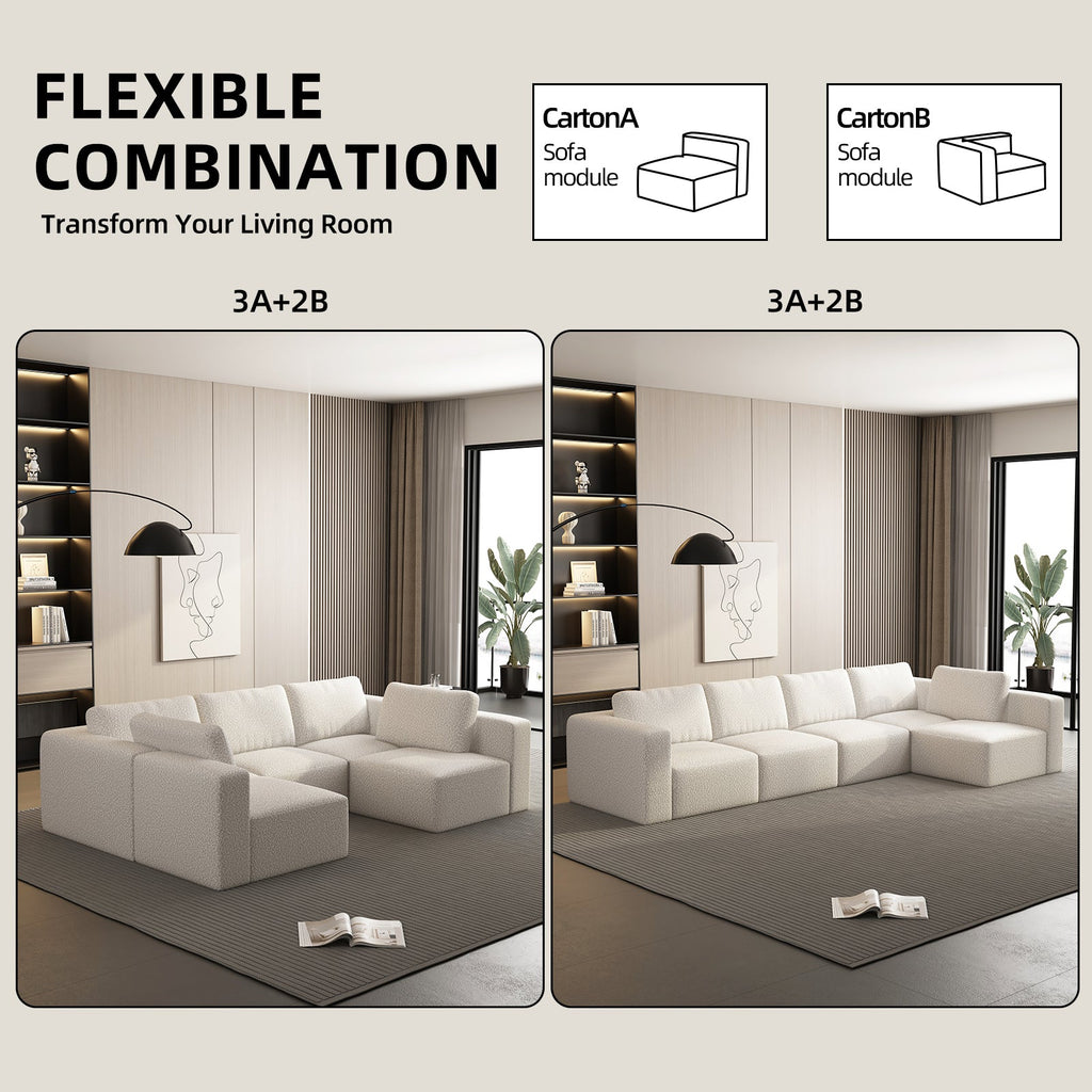 104.32*70.86 Modular Sectional Sofa Sleeper Couch, Sectional Sofa with Chaise and Ottoman, Convertible U Shaped Modular Sofa Set. Compressed sponge, White. (Combo 3A+2B)