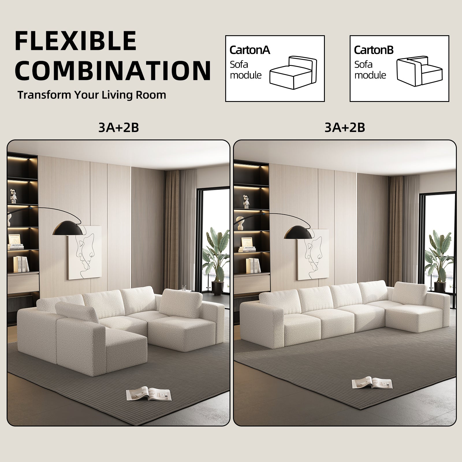 104.32*70.86 Modular Sectional Sofa Sleeper Couch, Sectional Sofa with Chaise and Ottoman, Convertible U Shaped Modular Sofa Set. Compressed sponge, White. (Combo 3A+2B)
