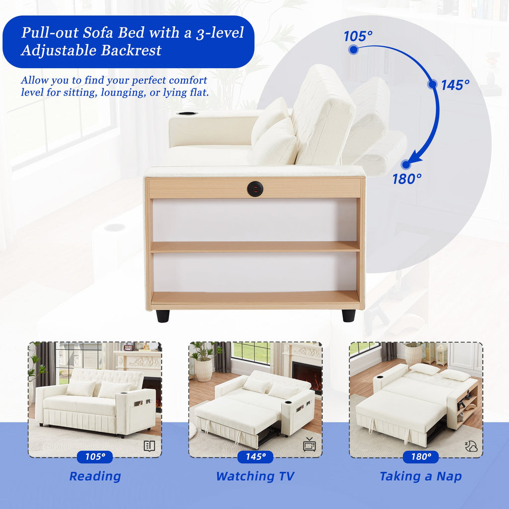 61.4' Pull-out Sofa Bed Convertible Couch Loveseat Sofa Modern Sleeper Sofa with Adjustable Backrest for Living Room, Beige