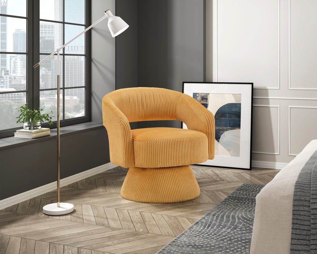 Modern Luxurious Swivel Accent Chair Yellow Soft Corduroy Upholstery Plush Seating Solid Wood Stylish Home Furniture 1pc
