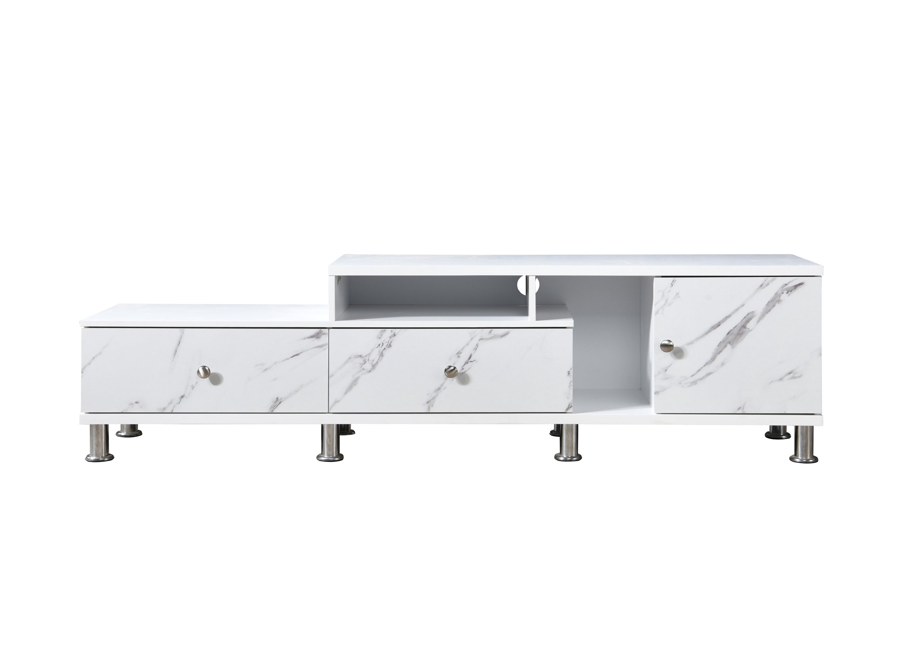 1pc Modern Sleek White Finish Faux Marble Accents Silver-tone Legs TV Stand Console Living Room Furniture