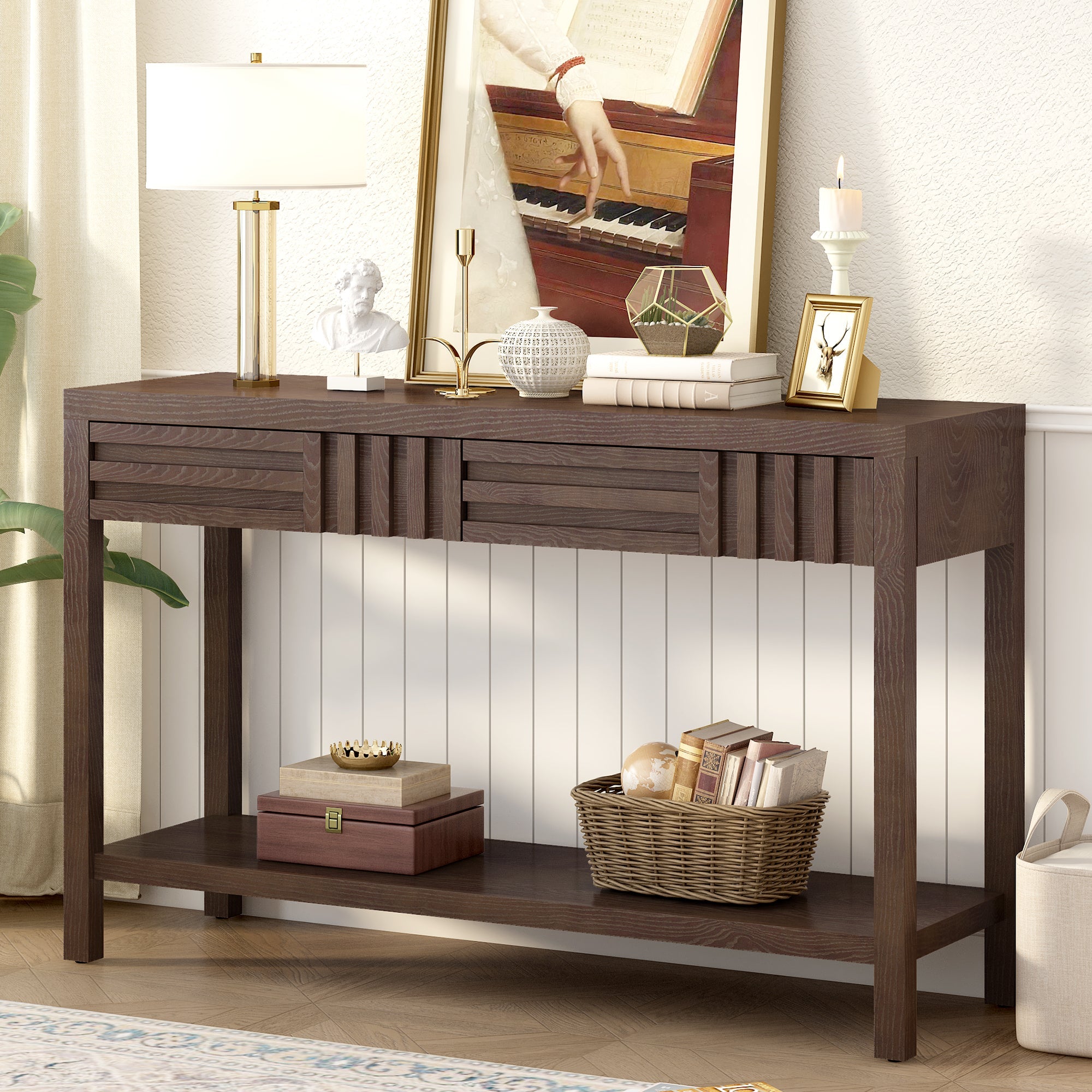 U_STYLE Modern Ash Veneer Console Table, Classic Striped Design, with 2 Drawers & Open Shelf, Perfect for Living Room, Hallway, Entryway, Study Room