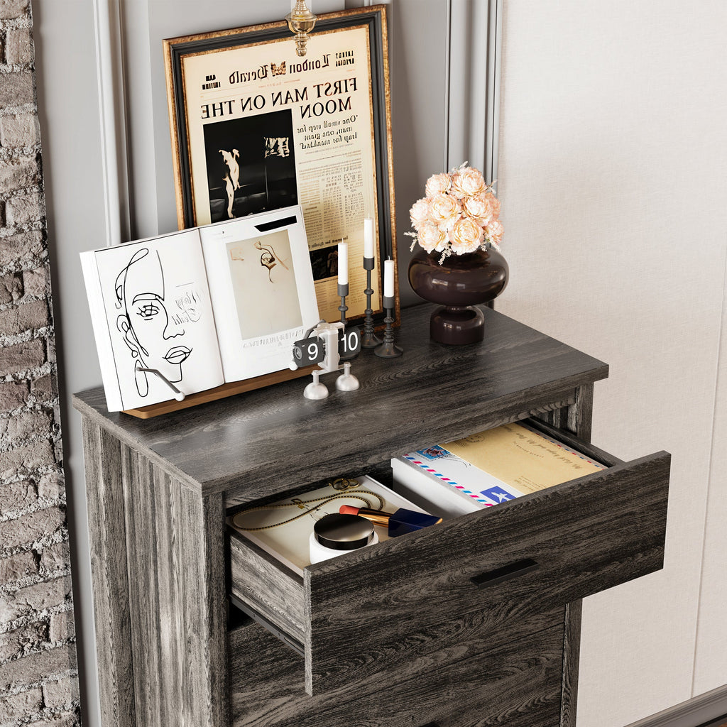 4PCS Bedroom Sets, Wooden Queen Size Bed Frame with Storage Headboard and Charging Station, 2 Nightstands with 2 Drawers, 1 Dresser with 5 Drawers, Antique Gray